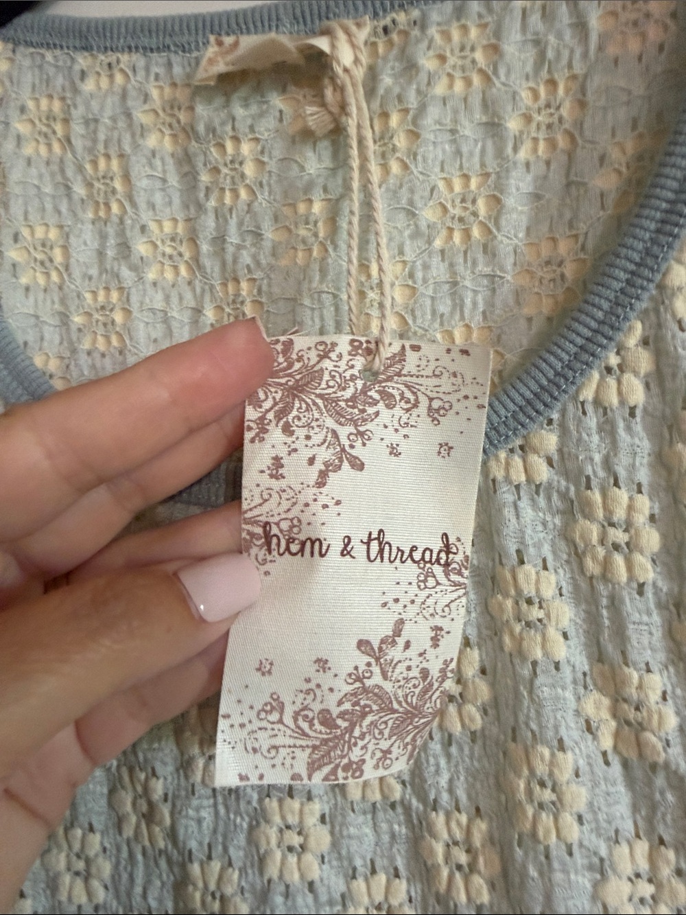Hem & Thread Pale Blue Knit Floral Short Sleeve Top with Cream Flowers - Picture 2 of 7